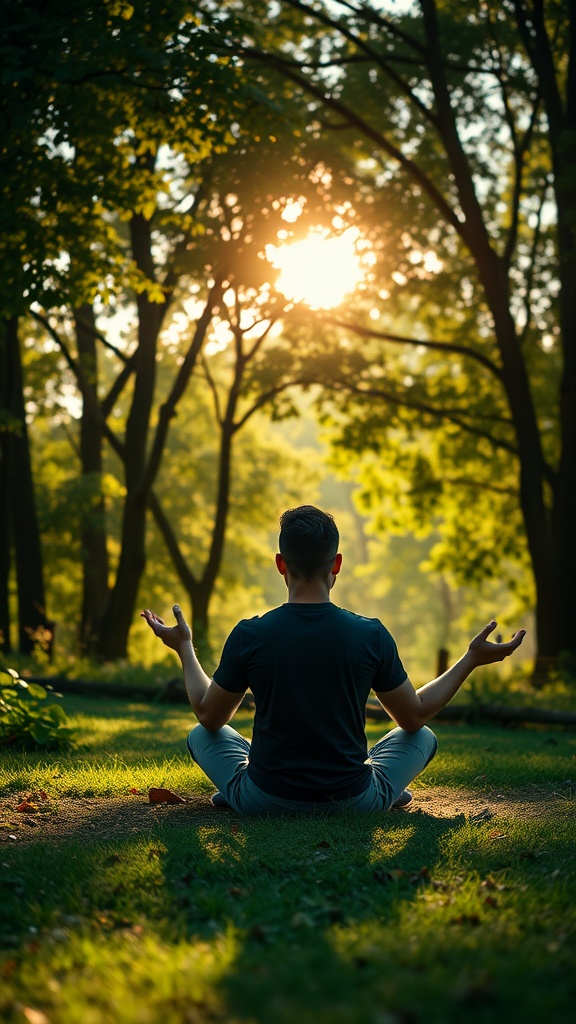 A person meditating in a sunlit forest, symbolizing peace and positivity.