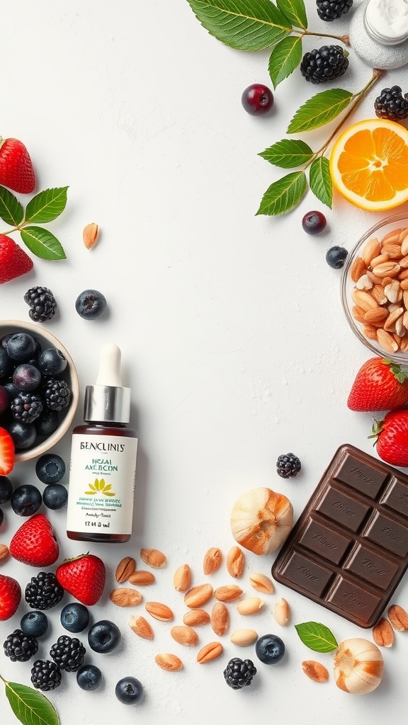 Image featuring a variety of berries, nuts, and a skincare serum, showcasing ingredients rich in antioxidants.