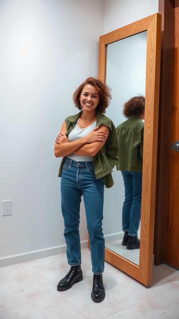 Person smiling confidently in front of a mirror, showcasing their casual style.
