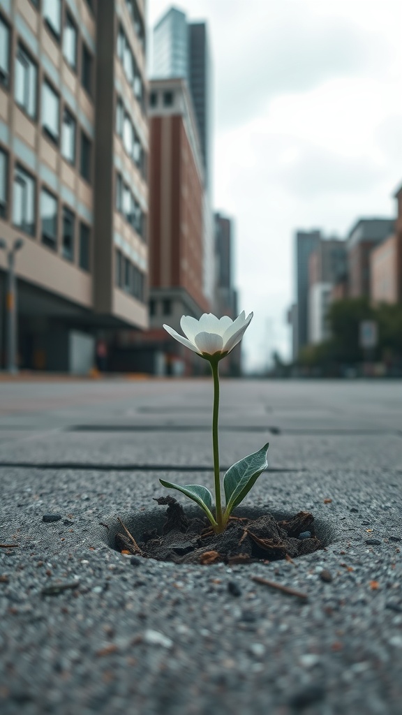 A white flower growing through a crack in the concrete in an urban setting