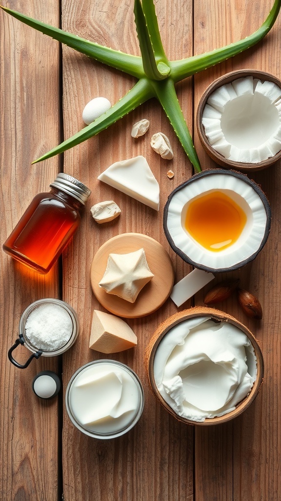 Natural ingredients for skincare including aloe vera, honey, and essential oils on a wooden surface.