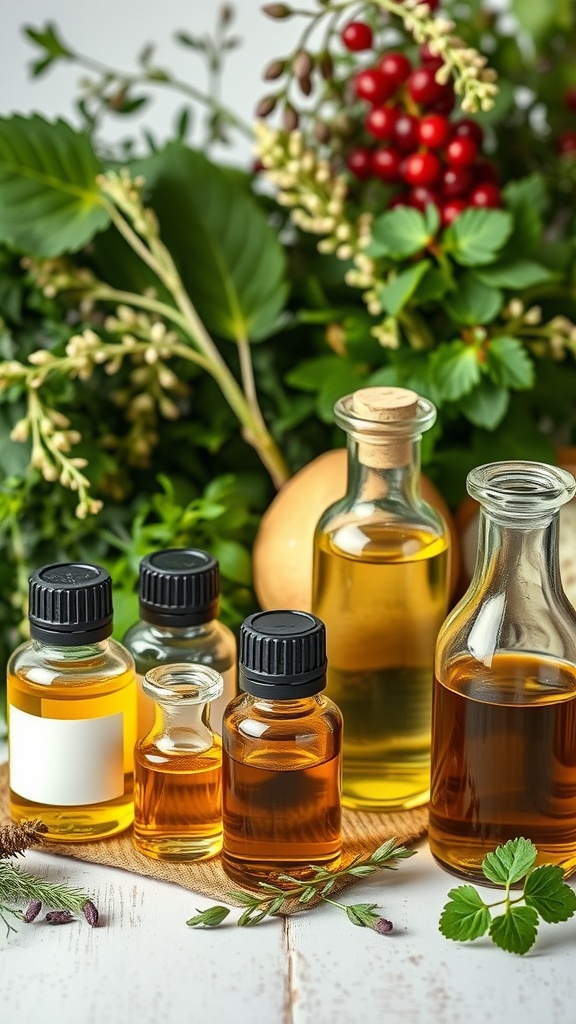 Bottles of various natural oils surrounded by fresh herbs and berries on a wooden surface.