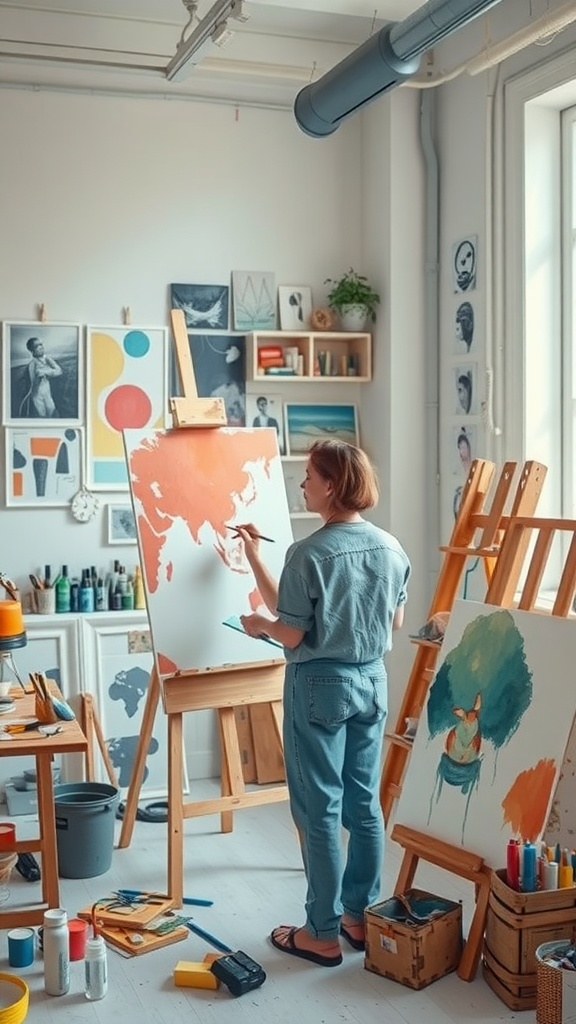 A person painting on an easel in a bright studio filled with art supplies.