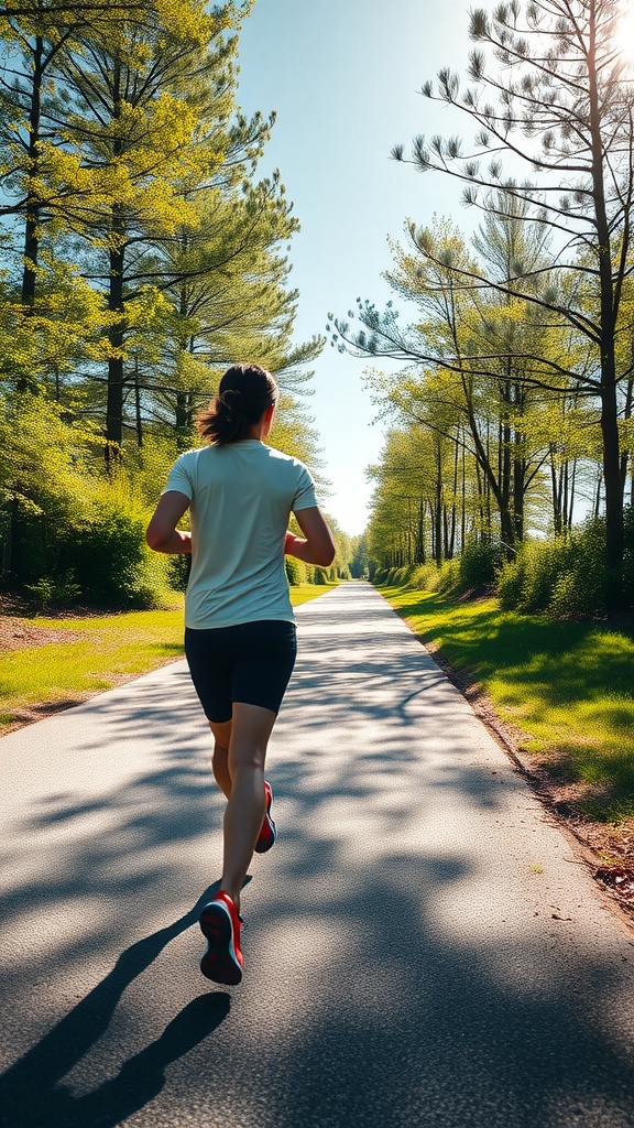 A person jogging on a path surrounded by trees and sunlight