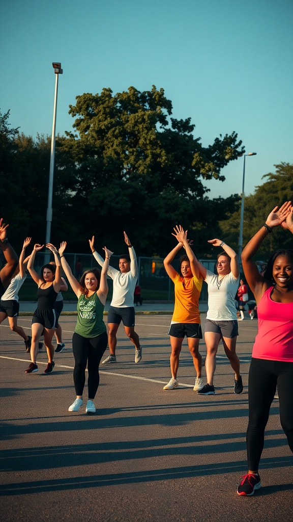 Group of happy people participating in a fitness class outdoors, raising their hands in celebration.