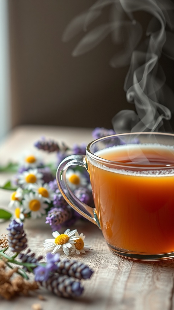A steaming cup of herbal tea with flowers around it.