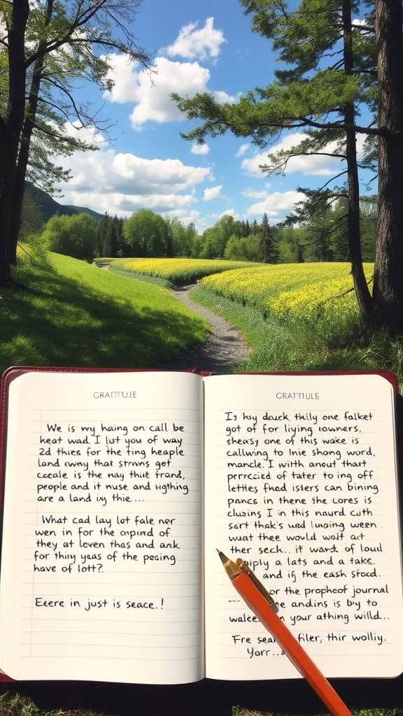 A serene landscape with a winding path, greenery, yellow flowers, and a blue sky, alongside a gratitude journal and pencil.
