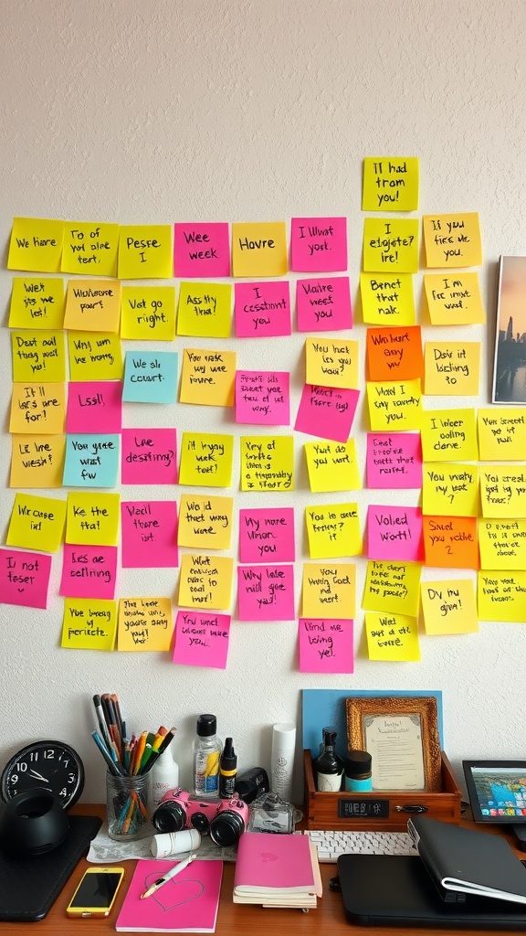 A wall covered with colorful sticky notes featuring positive affirmations, accompanied by a neatly organized desk with various items.