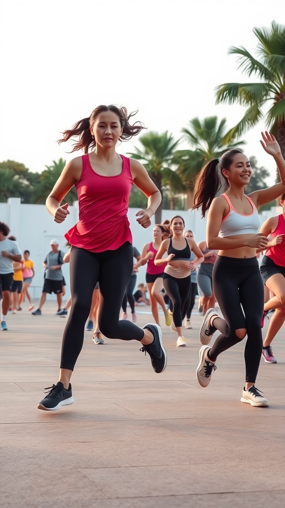 A group of people exercising outdoors with enthusiasm, showcasing energetic movement activities.