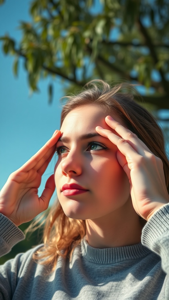 A young woman performing an eye exercise by massaging her forehead outdoors.