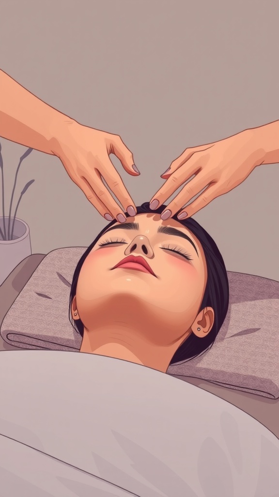 A woman receiving a facial massage with hands on her forehead, showcasing a peaceful and rejuvenating massage technique.