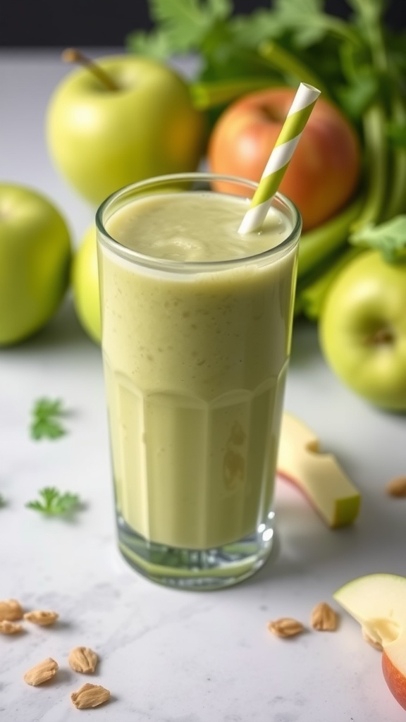A refreshing green apple celery shake in a glass with a striped straw, surrounded by fresh green and red apples, celery sticks, and some apple slices.