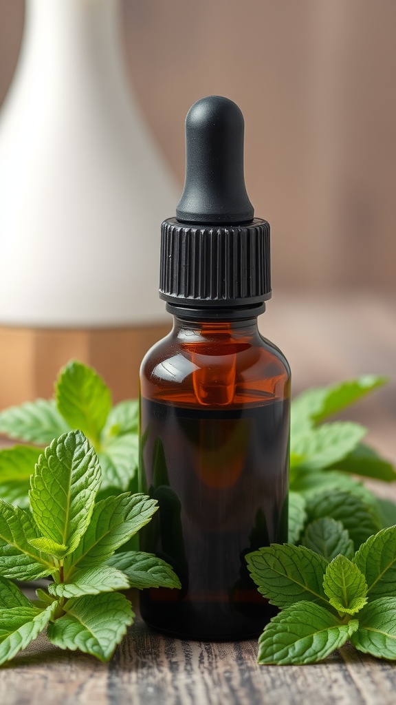 A bottle of peppermint essential oil with fresh mint leaves in a natural setting.