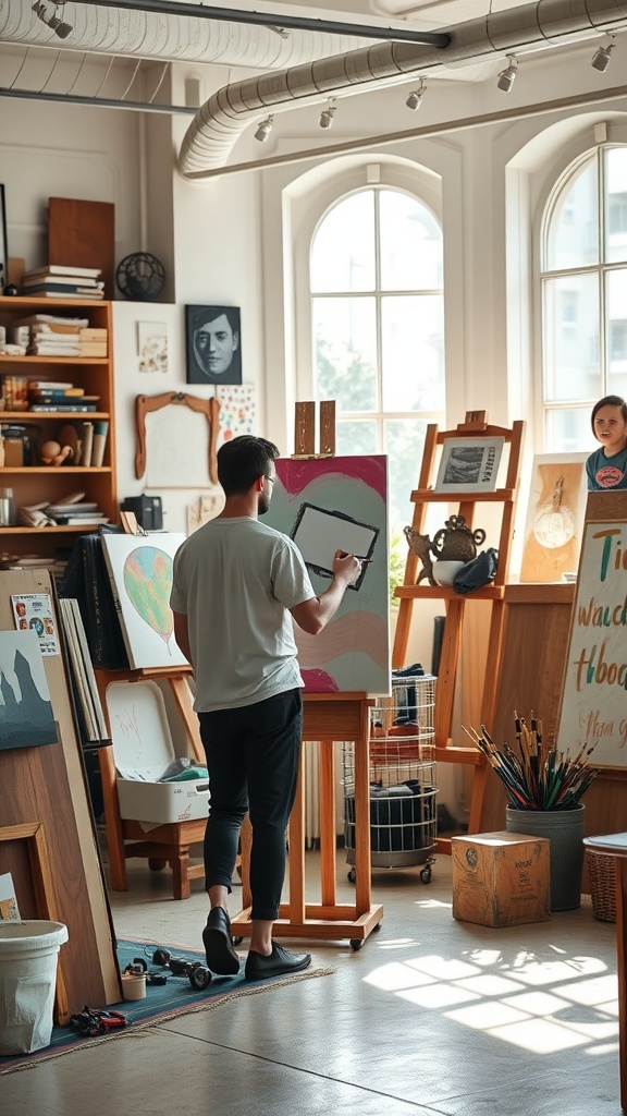 A person painting in a bright art studio filled with artistic creations and supplies.