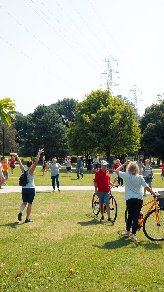 A lively park scene with people dancing, cycling, and engaging in various physical activities.