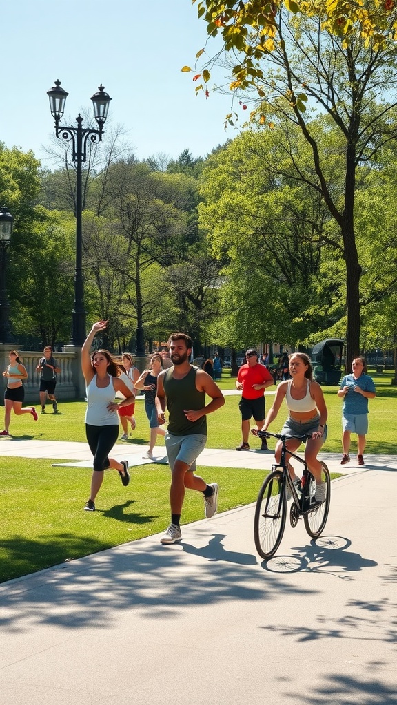 People jogging and cycling in a sunny park with lush green trees.