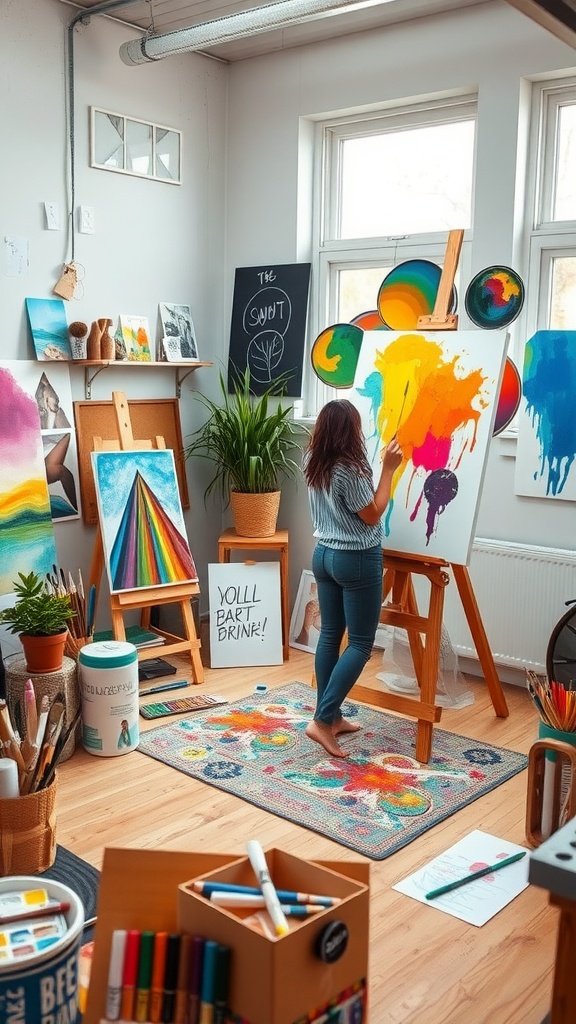 A bright art studio with colorful paintings and someone painting on a canvas.