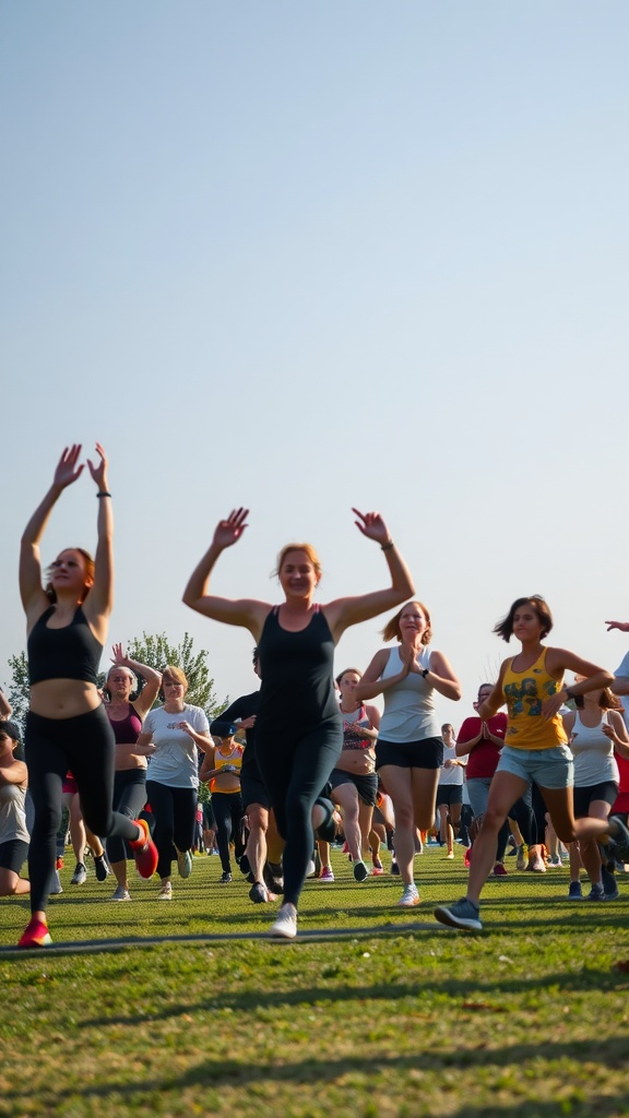 Group of individuals running in a park, showcasing teamwork and energy in physical activity.