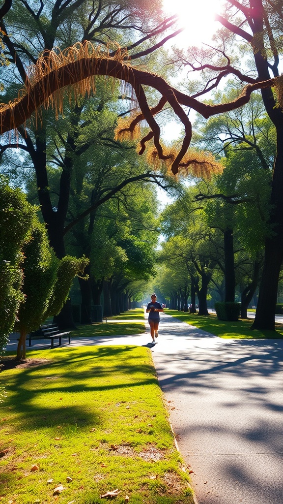 A person jogging on a path lined with trees, sunlight streaming through the leaves.
