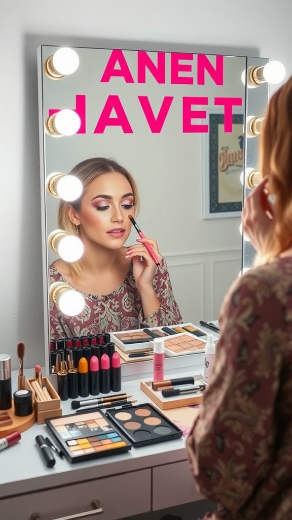 A person applying makeup at a vanity with various makeup products displayed.