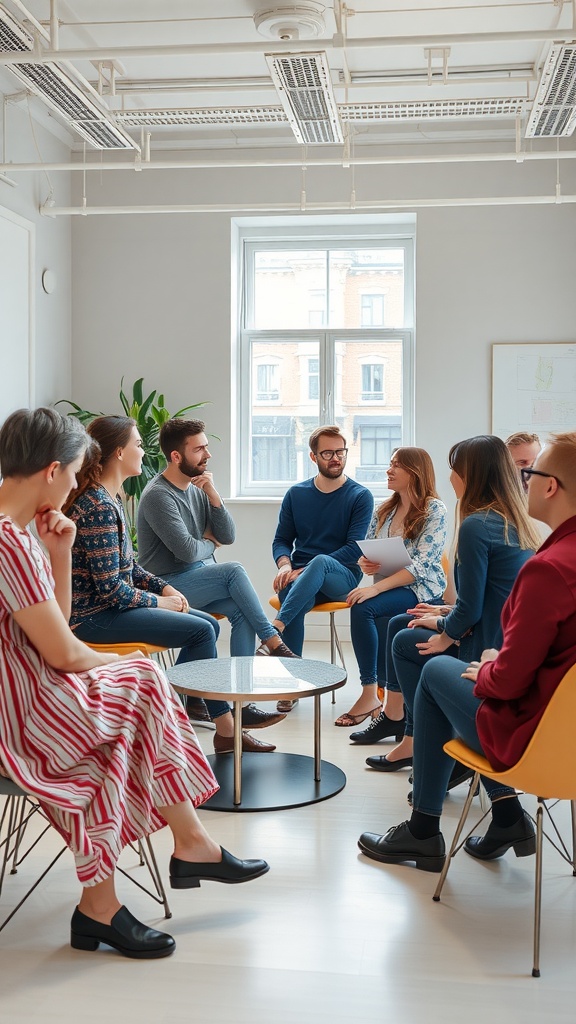 A group of individuals engaged in a discussion in a bright, modern room.