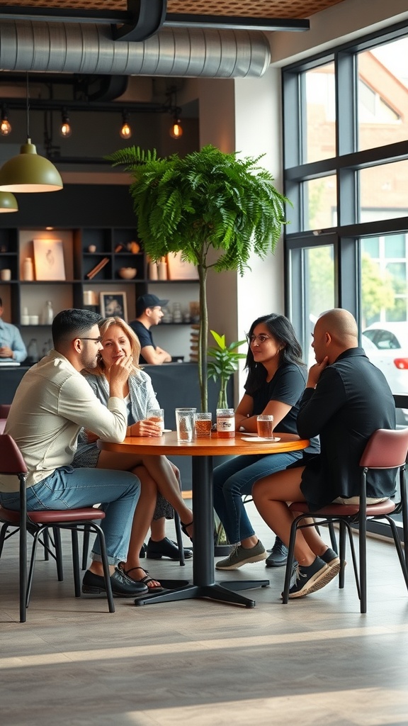 A group of five friends discussing at a café table, surrounded by plants and a relaxed atmosphere.