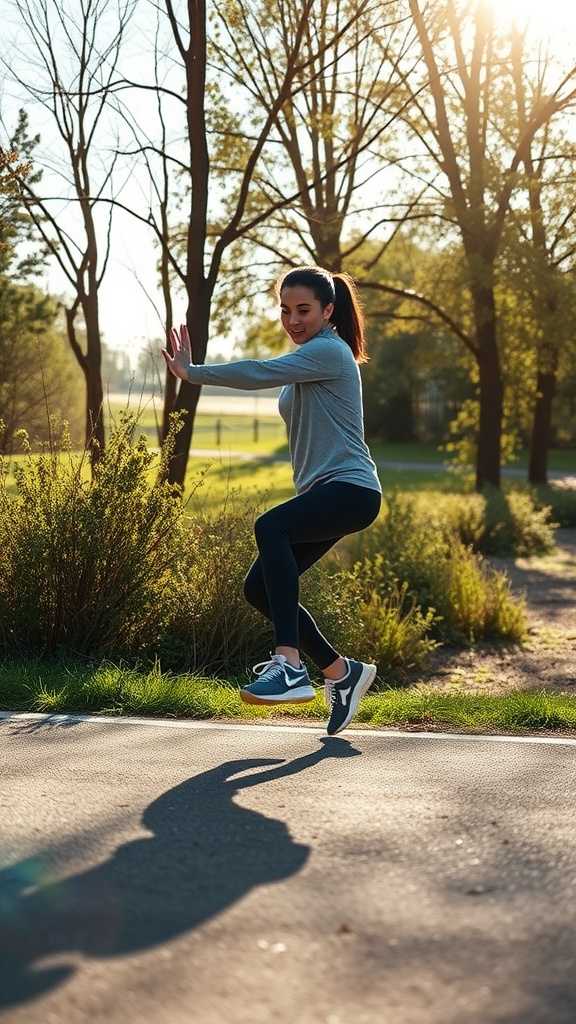 Person exercising joyfully outdoors on a sunny day