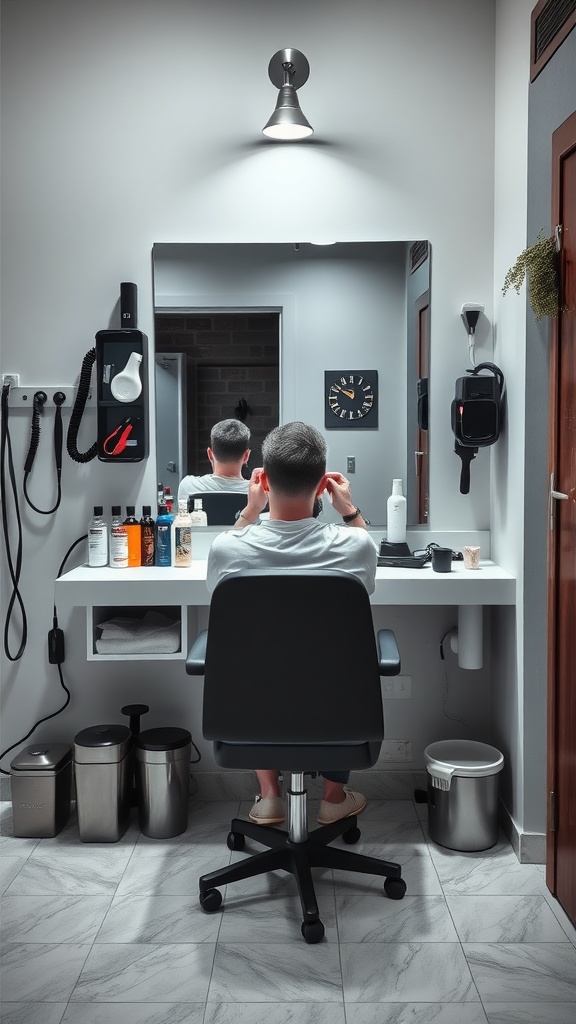 A person grooming at a well-organized station with various products.