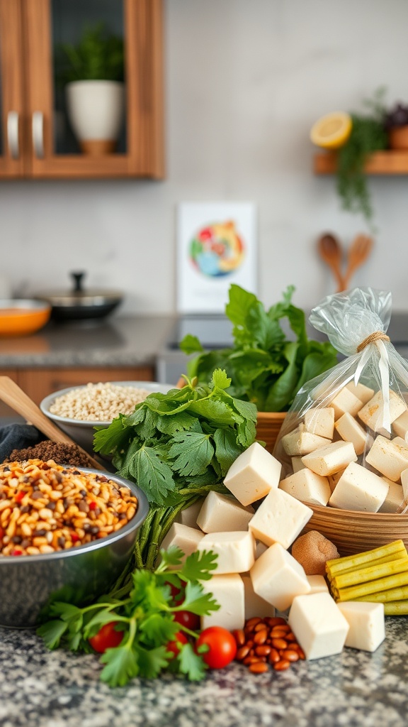A variety of fresh ingredients for high-protein meal prep, including tofu, beans, herbs, and grains.