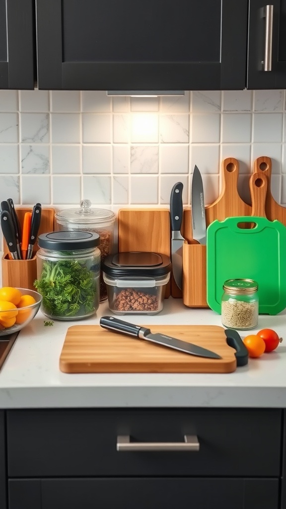 A well-organized kitchen counter with cutting board, knife, storage containers, and fresh ingredients for meal prep.