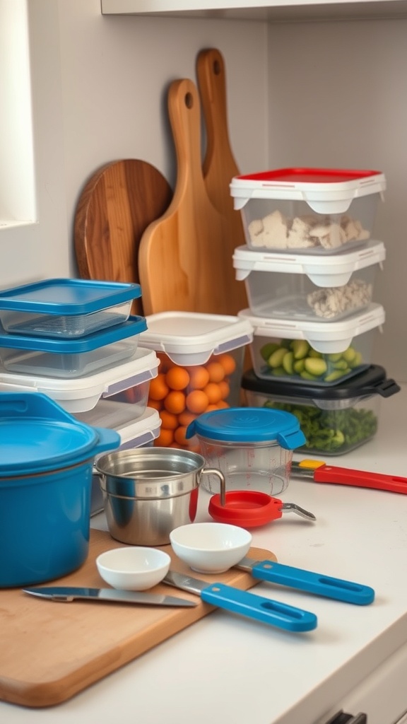 A kitchen counter with various meal prep tools including storage containers, knives, and measuring cups.