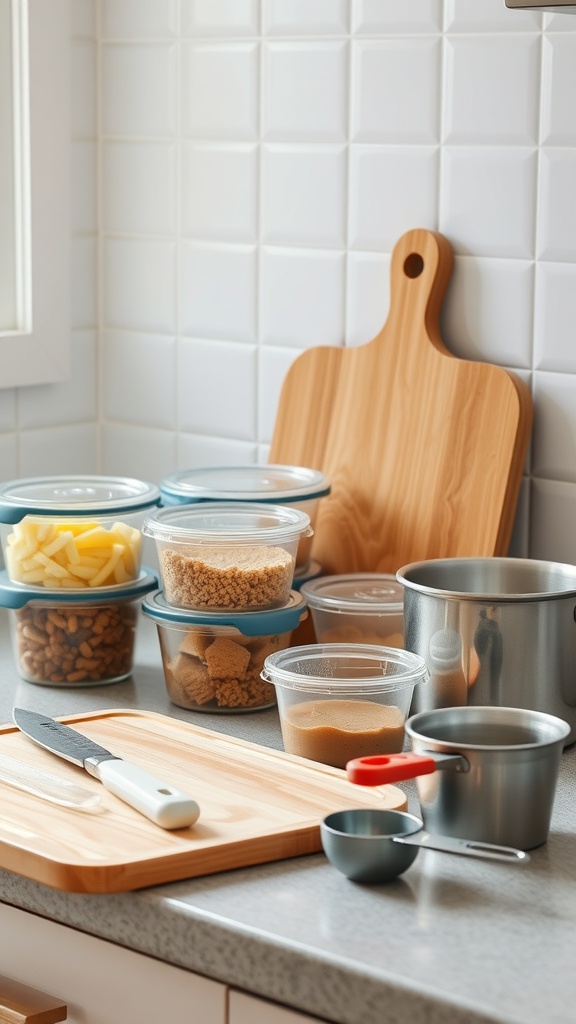 A kitchen setup with meal prep tools including containers, a cutting board, measuring cups, and a knife.