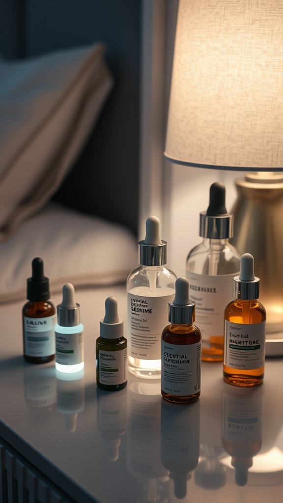 A collection of essential nighttime serums lined up on a bedside table next to a lamp.