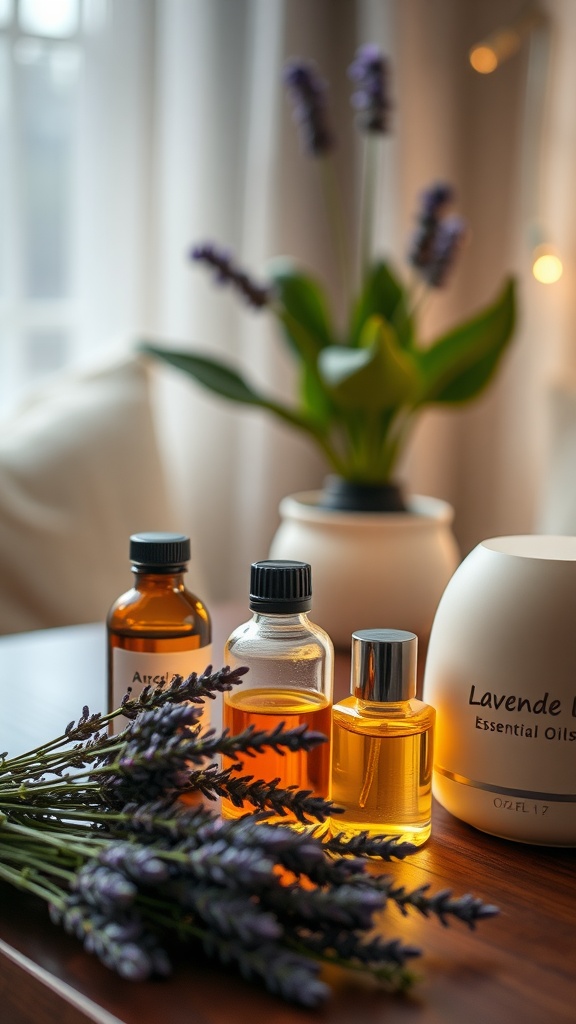Bottles of essential oils and a lavender plant on a wooden table, creating a calming evening atmosphere.