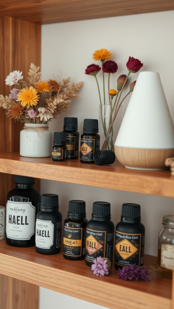 A shelf displaying various essential oils and flowers in a cozy setting.