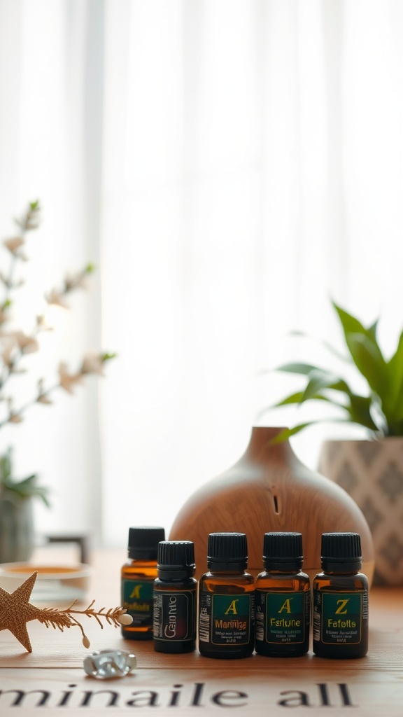 A collection of essential oil bottles with a diffuser and decorative items on a wooden surface.