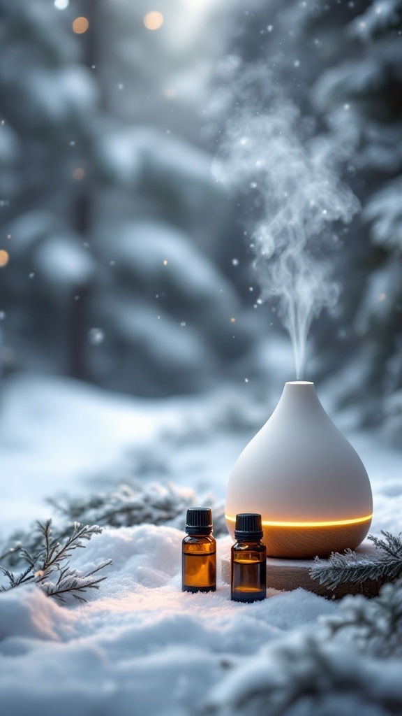 A diffuser with essential oils placed in snowy surroundings, symbolizing skincare relief during winter.