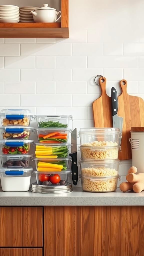 A well-organized kitchen counter with clear storage containers filled with vegetables and grains, along with cutting boards and knives.
