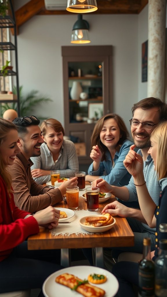 A group of friends laughing and enjoying food and drinks together at a restaurant.