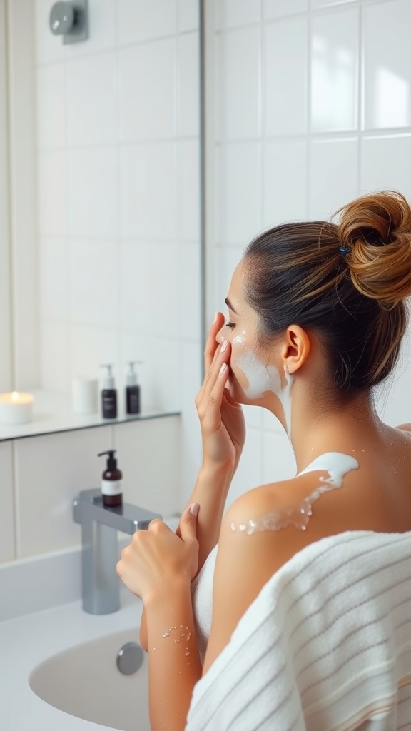A person applying cleanser to their face in a bright bathroom.