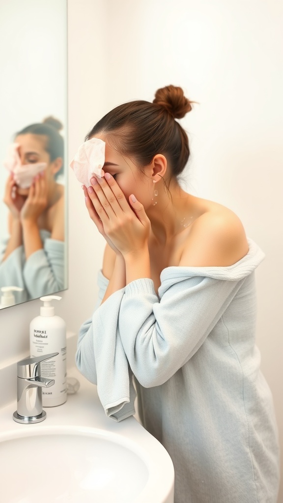 Person washing their face in a bathroom mirror with a gentle cleansing routine.