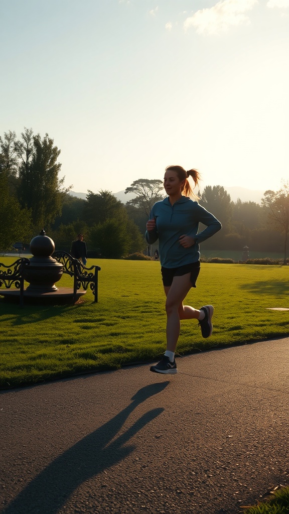 A woman jogging in a sunlit park, enjoying her exercise routine.