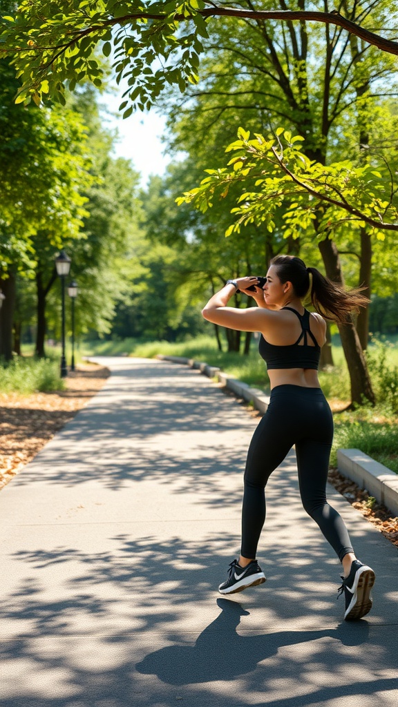 A person jogging along a path surrounded by trees, showcasing a commitment to fitness.