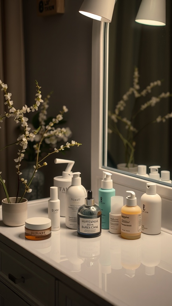 A well-organized vanity with various skincare products, a soft lamp, and flowers, creating a calming nighttime atmosphere.