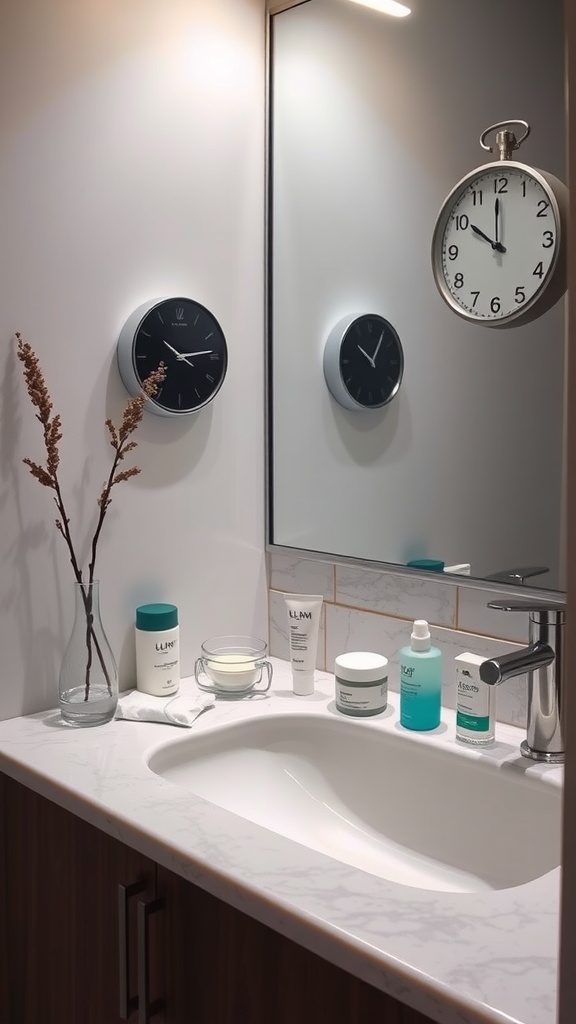 A bathroom sink with skincare products, a candle, and a vase with dried flowers.