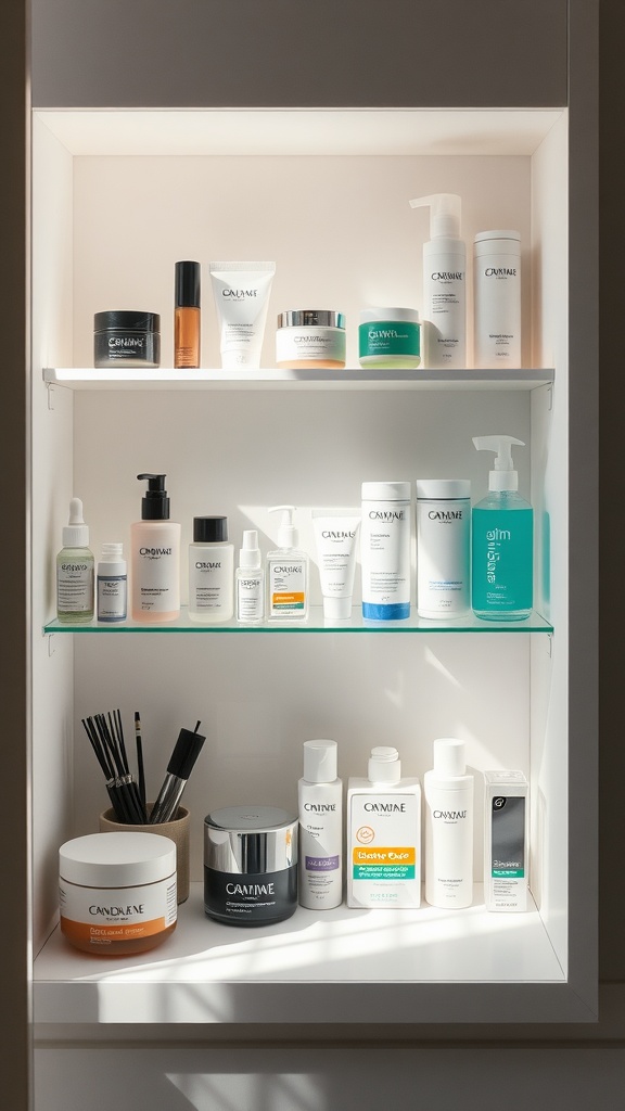 Organized shelf displaying various skincare products including cleansers, moisturizers, and treatments.