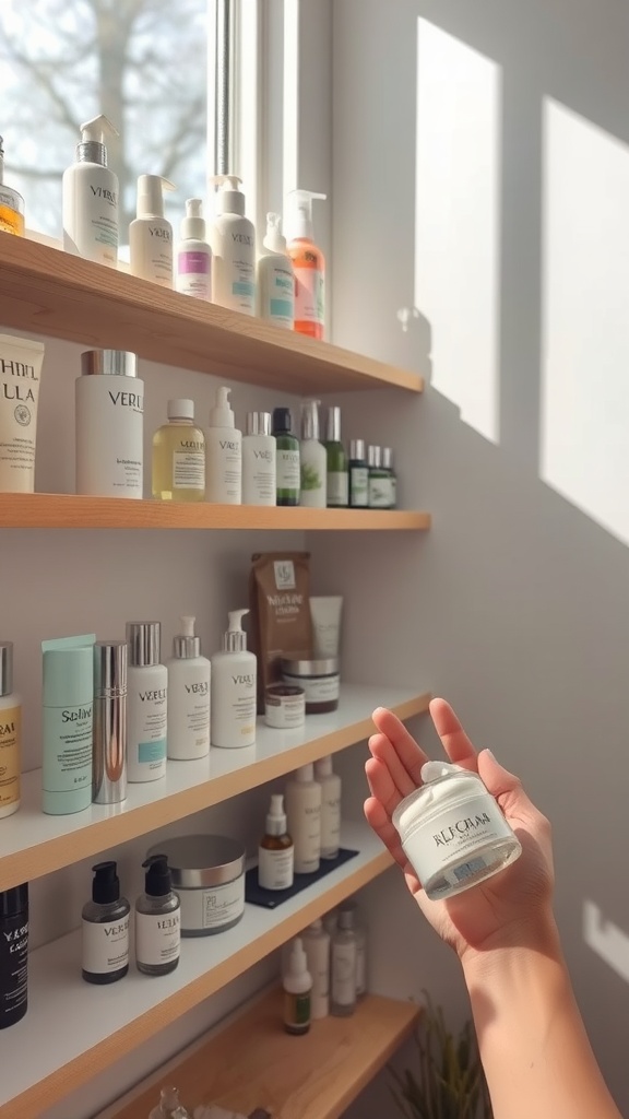 A hand holding a skincare product in front of a shelf full of various skincare items