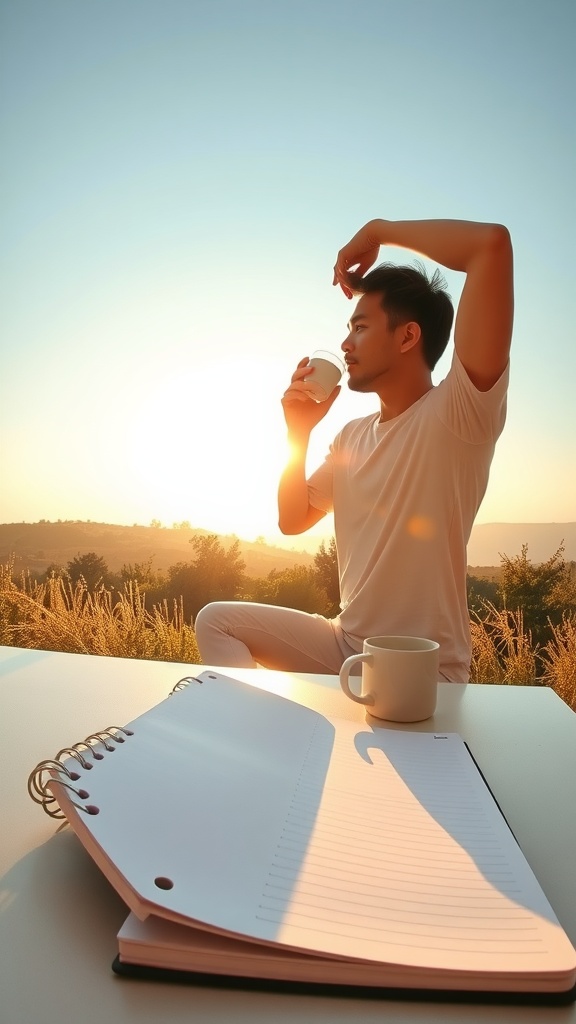 A person enjoying a cup of coffee while sitting outdoors at sunrise, with a notebook in front.