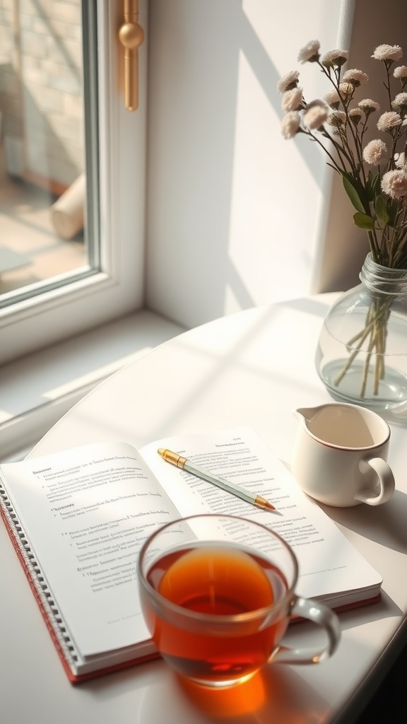 A cozy morning scene with a cup of tea, an open notebook, and flowers in sunlight.