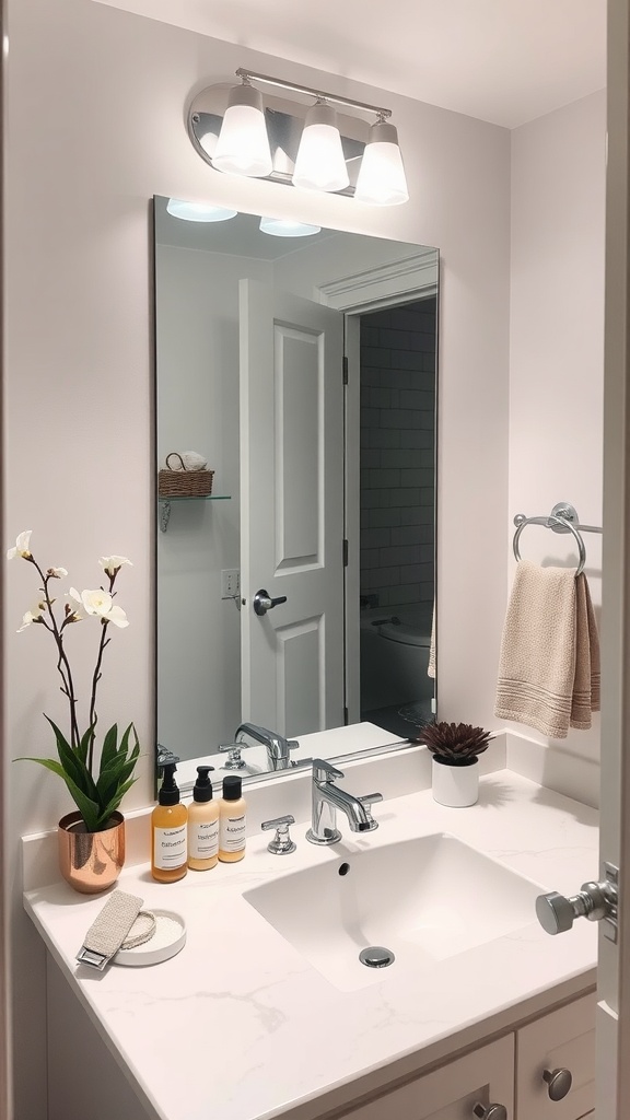 A well-organized bathroom sink area featuring skincare products, a plant, and soft lighting, creating a calming atmosphere for a nighttime routine.